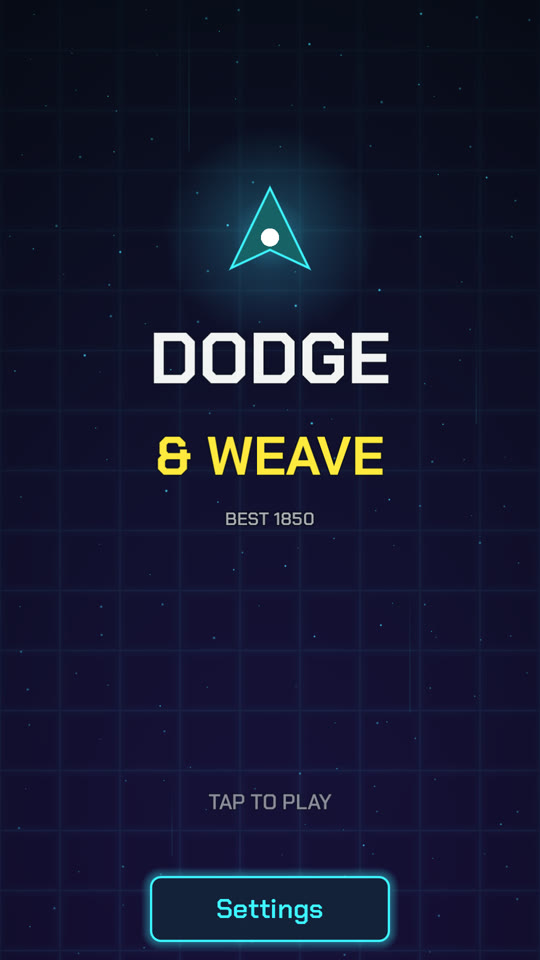 Neon style title screen: a glowing ship over a dark grid, with the Dodge & Weave logo
