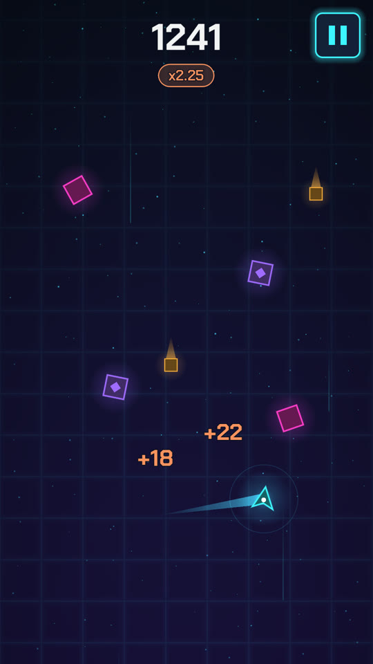 Dodge & Weave gameplay: a ship weaving between falling shapes, with near-miss points floating up