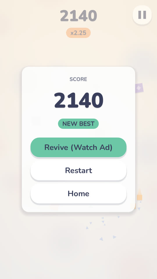 Pastel style game-over card showing a new best score of 2140, with Revive, Restart and Home buttons