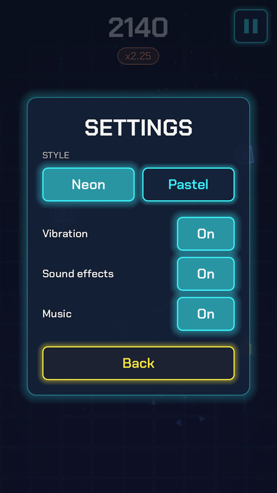 Settings screen with the Neon and Pastel style switch and toggles for vibration, sound effects and music